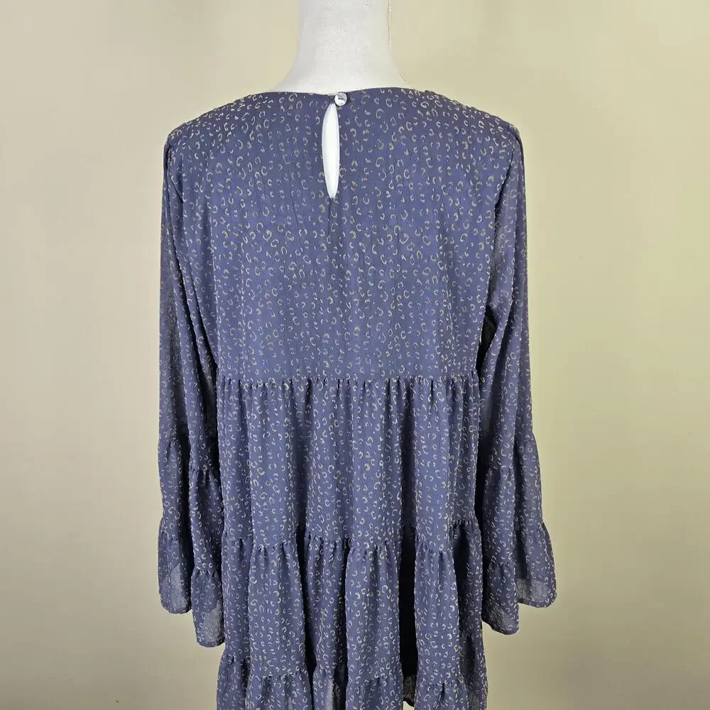 Altar'd State Dress Womens Large Blue Animal Print Bell Sleeve Tiered Trapeze